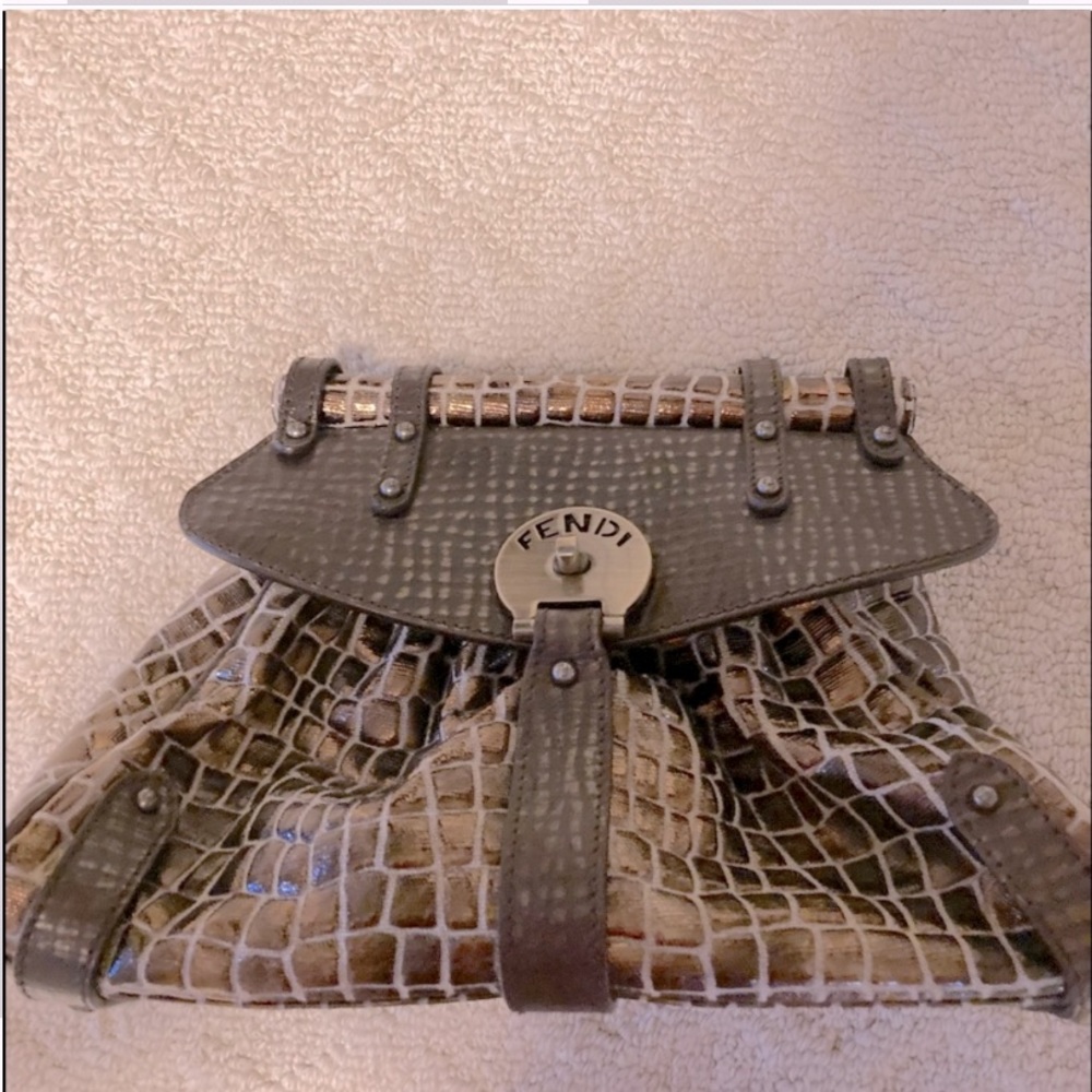 🏷sale Fendi BronzeMetallic CrocEmbossed Bag